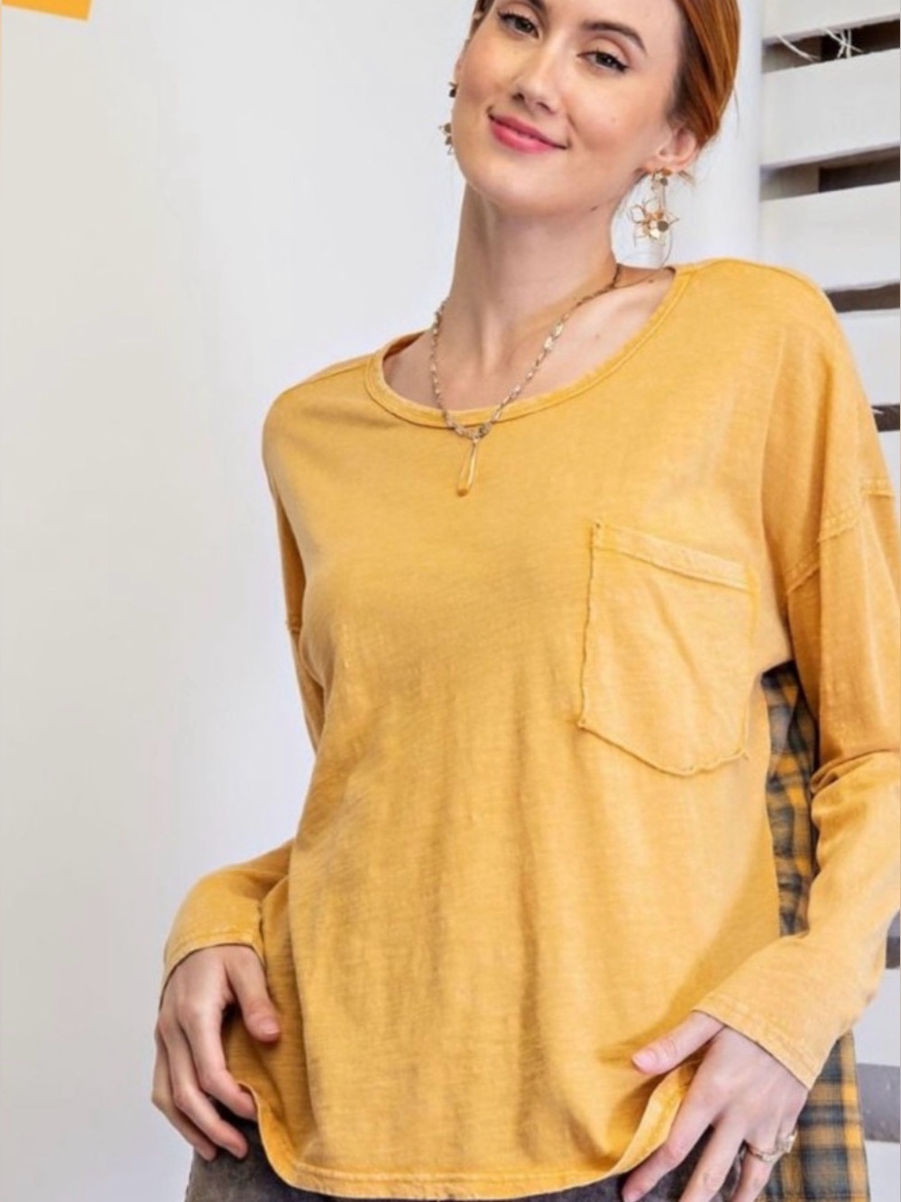 Easel Mustard & Plaid Long-Sleeve Top